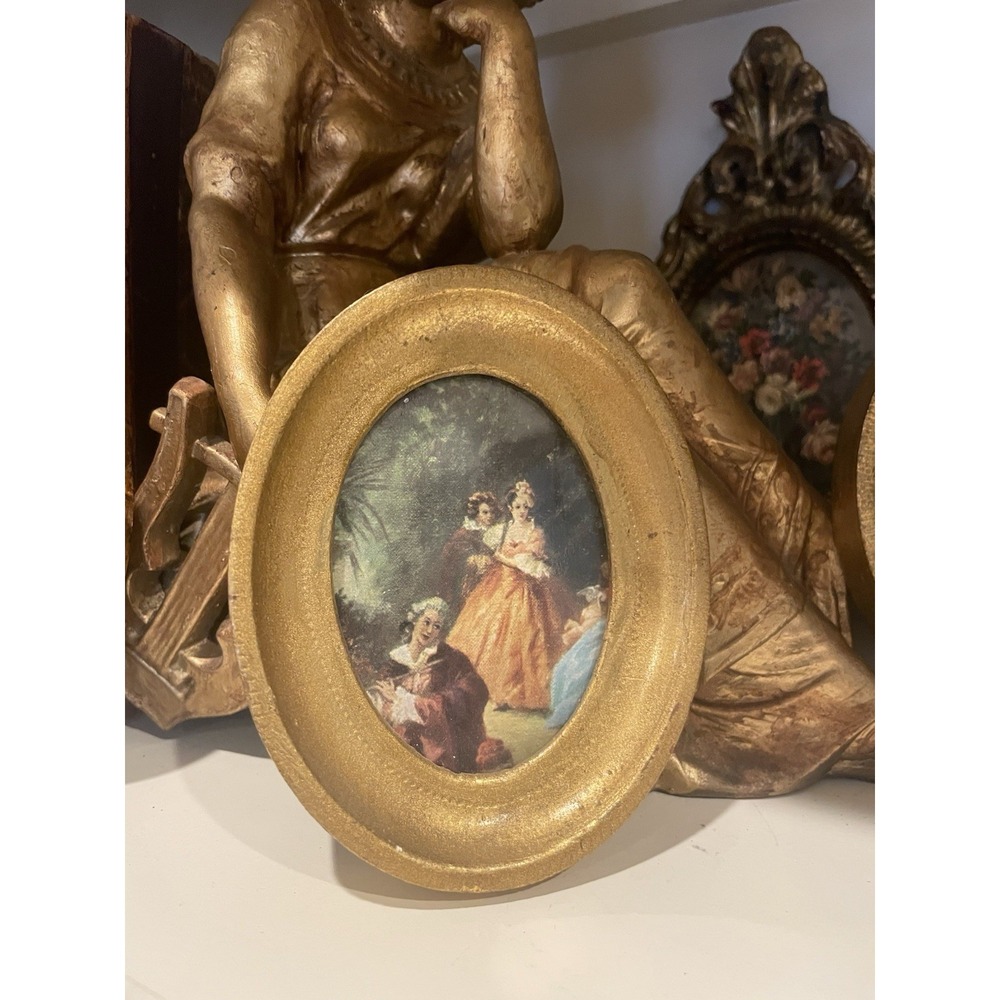 Vtg Italian Florentine Oval Garden Party Gold Gilt Wood 4" Mini Wall Plaque